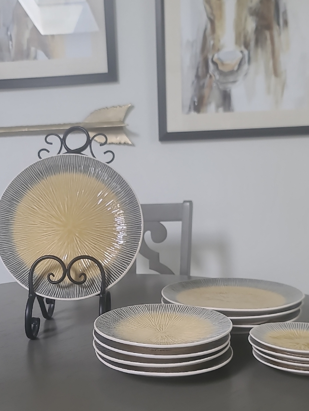 Gibson Elite Yellow and Gray Radial Ceramic Dinner, Salad & Bread Plates